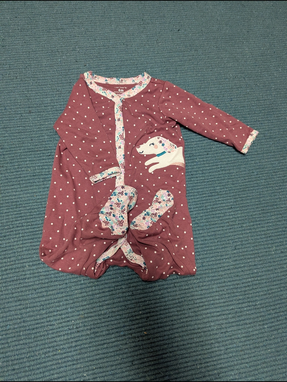 Mauve Polka Dot Baby Footed Sleeper with Dog